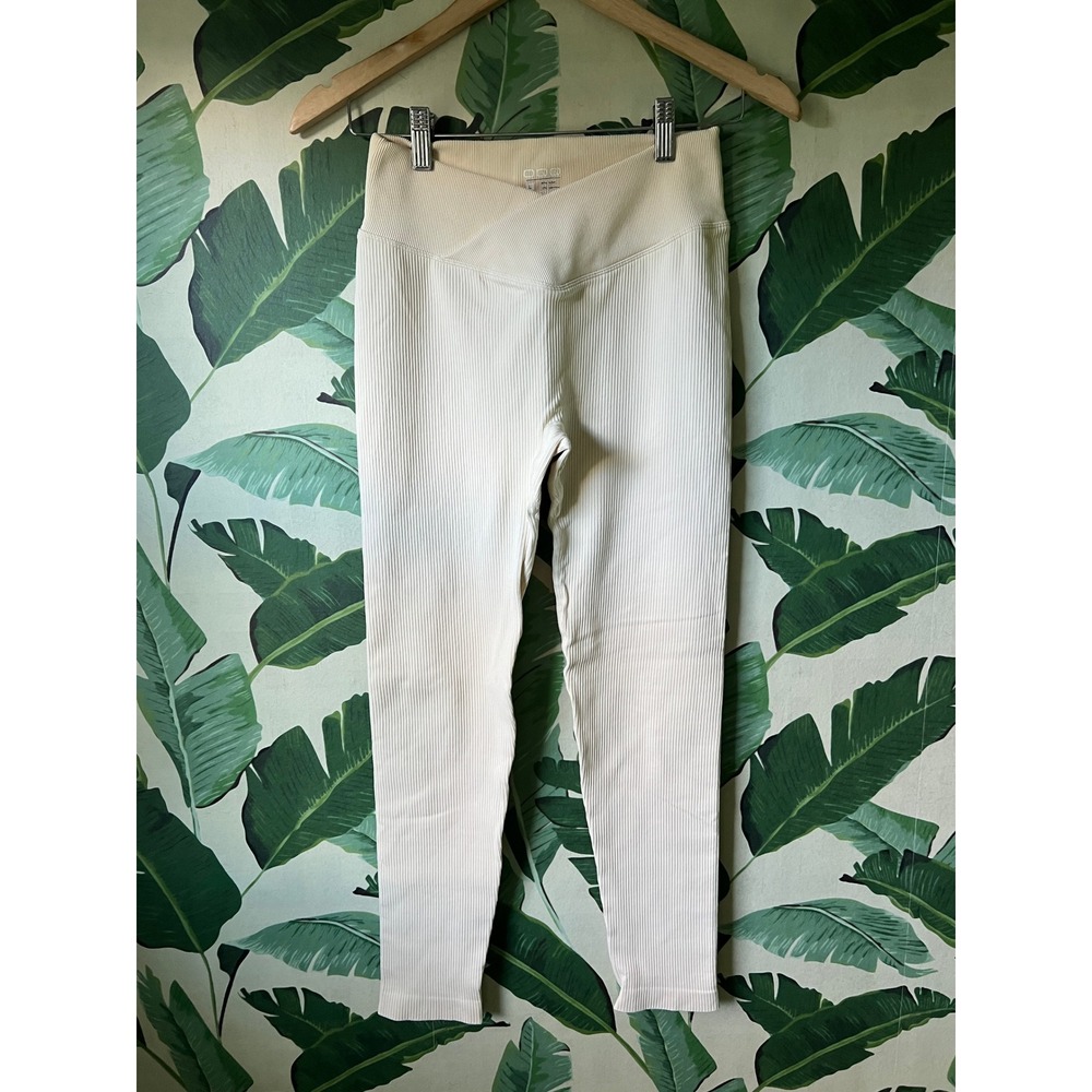 OQQ Ribbed High Waisted Leggings Women Large Cream